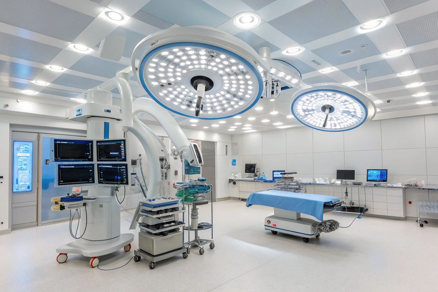 State-of-the-art surgical suite featuring modern medical equipment and clean orthopedic layout.